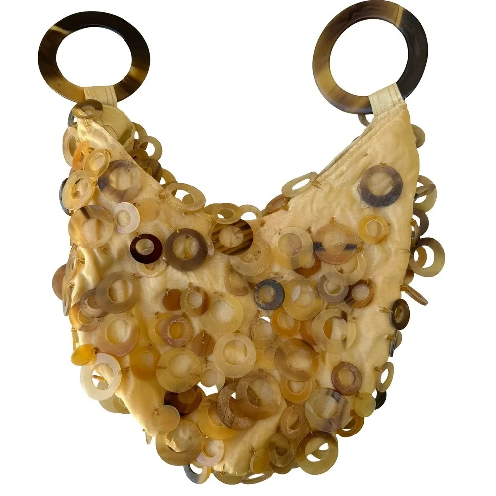 Adrienne Vittadini Vintage Amber Ring Handle Hobo Butter Yellow Tortoise Handbag